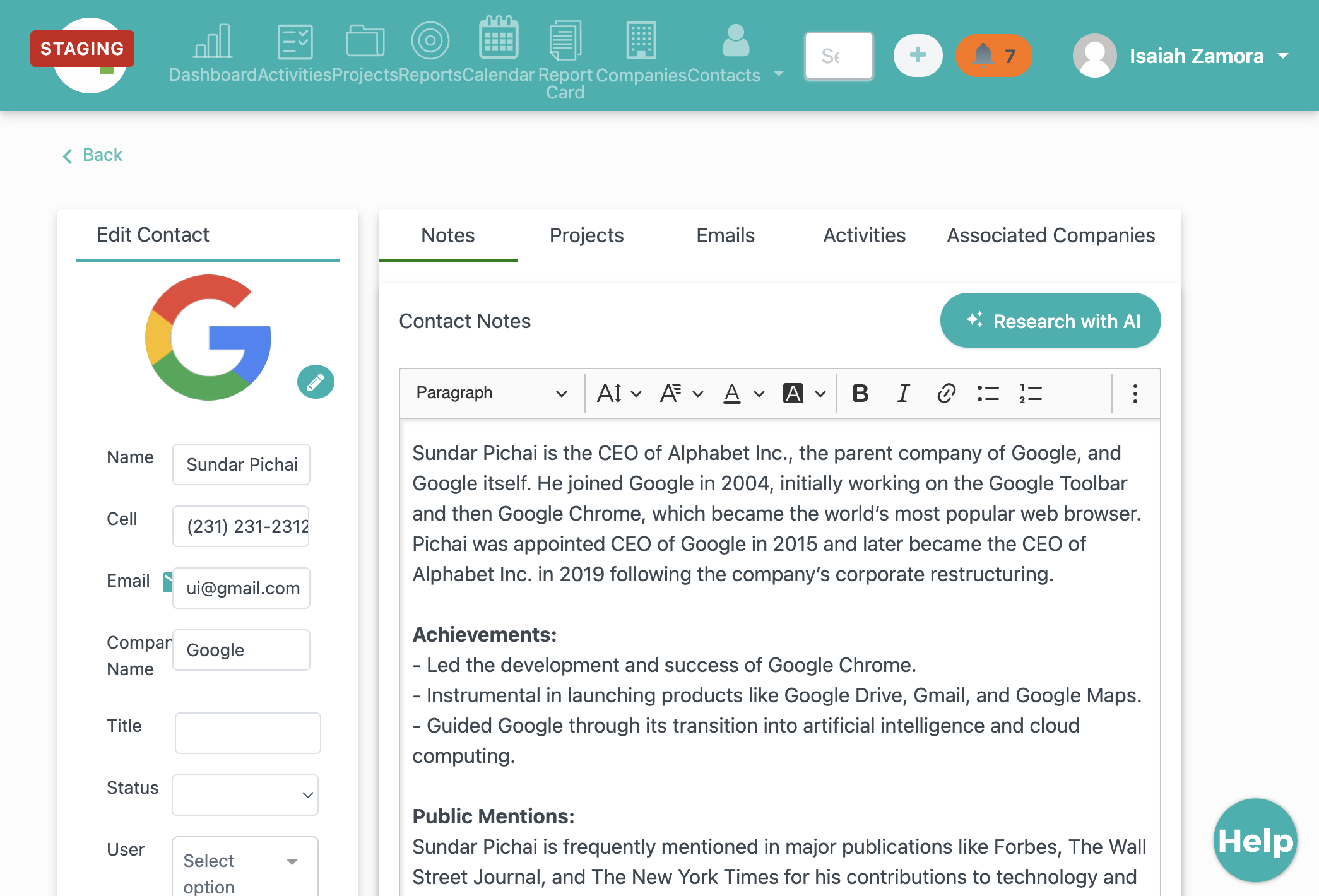 The AI feature summarizes your contact, gives their achievements, public mentions, and social media profiles