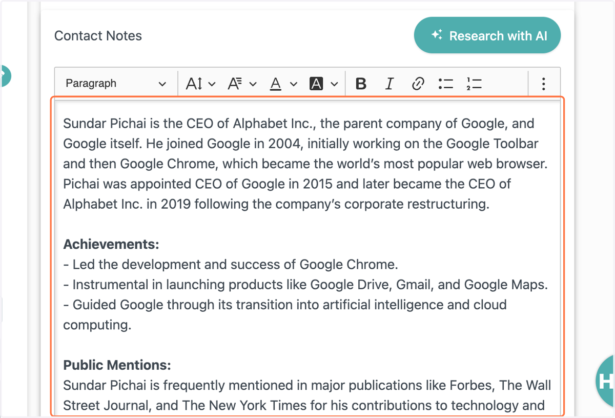 The AI feature summarizes your contact, gives their achievements, public mentions, and social media profiles