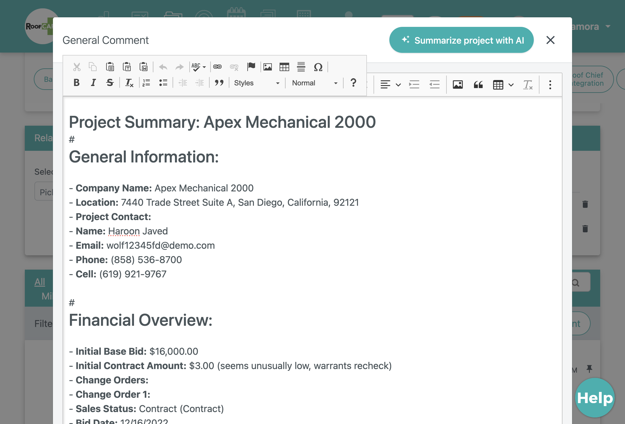 The AI Feature summarizes your project
