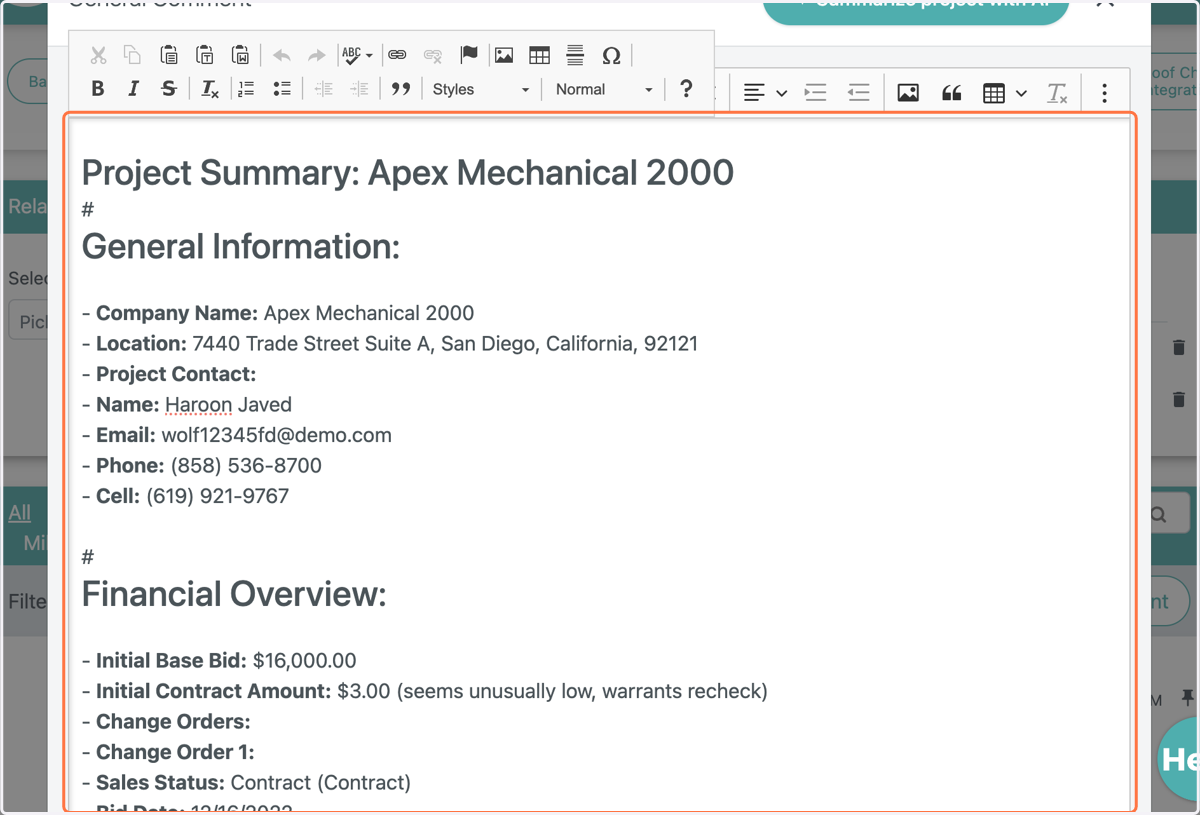 The AI Feature summarizes your project