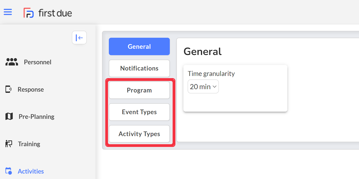Click on either Program, Event Types or Activity Types