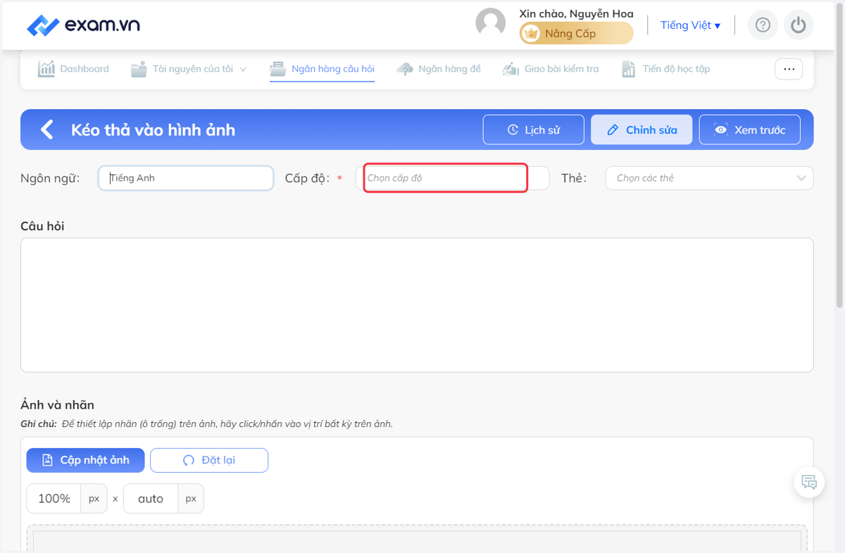Nhấn chọn "Cấp độ"