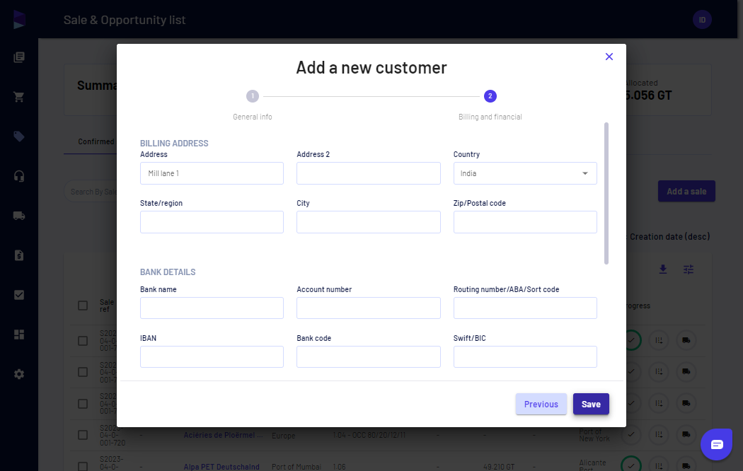 Add address and bank details and click on "Save" and your customer is created