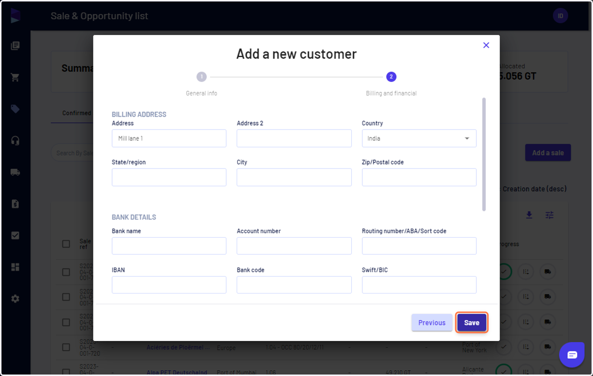 Add address and bank details and click on "Save" and your customer is created