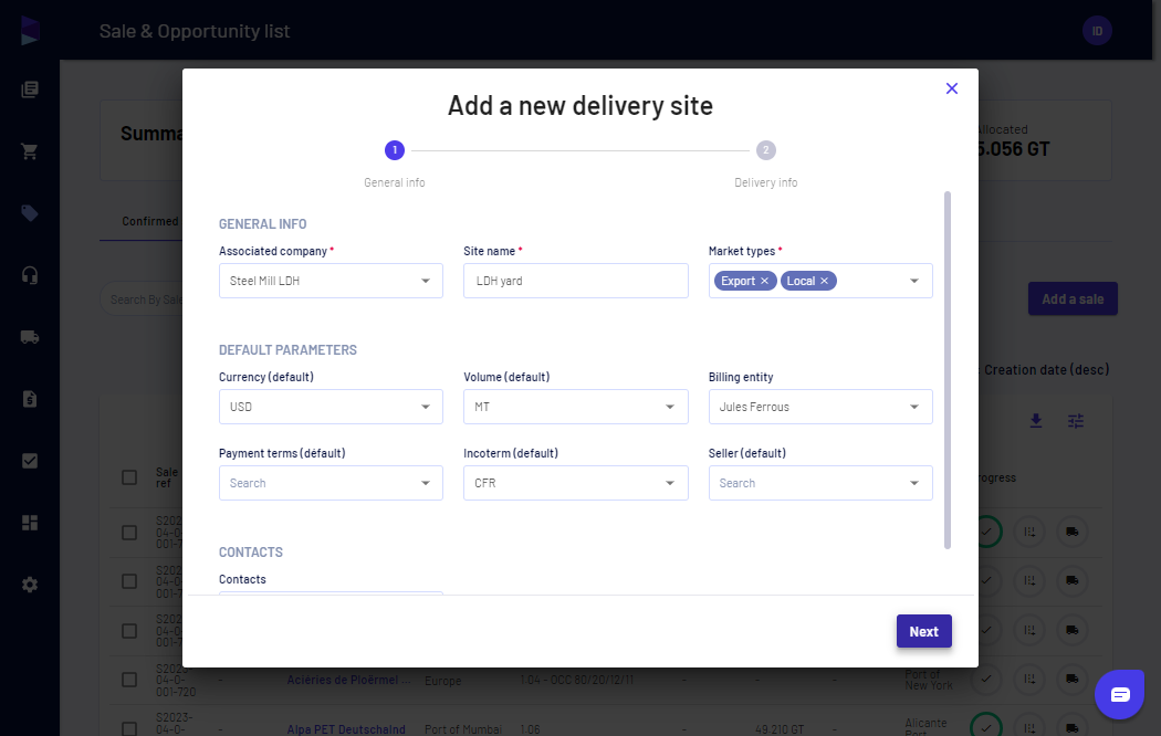 Select market type, default currency, units, and more and click "Next"