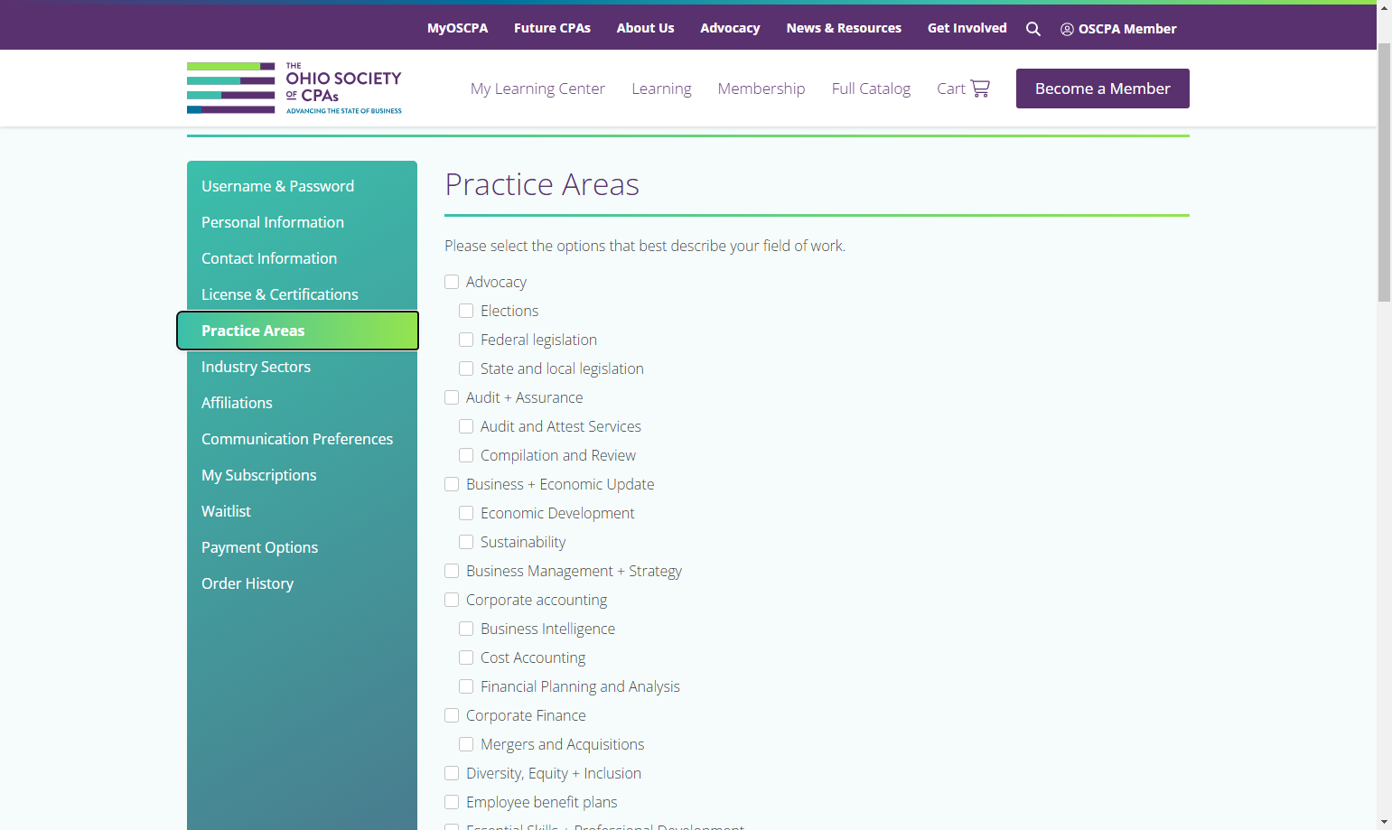 Click on Practice Area to update your field of work
