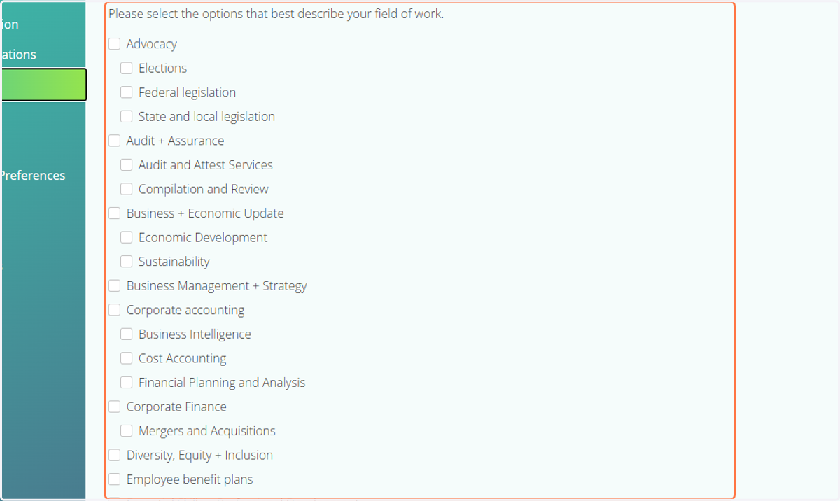 Click on Practice Area to update your field of work