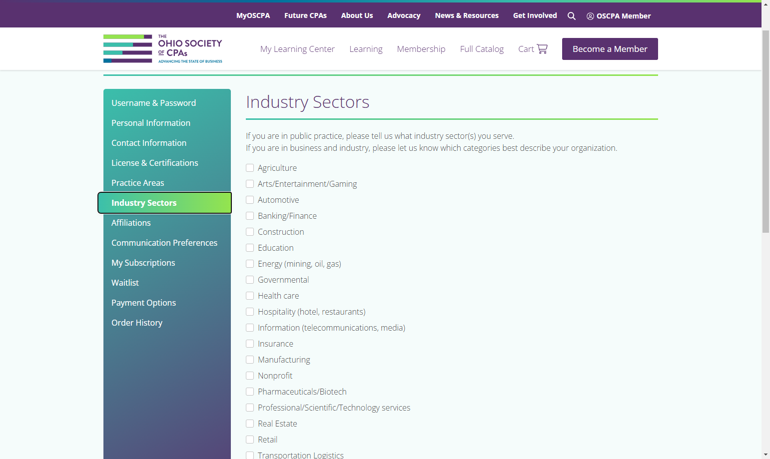 Click on Industry Sectors to update your sectors you serve.