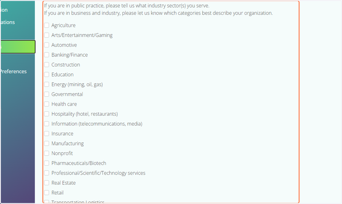Click on Industry Sectors to update your sectors you serve.