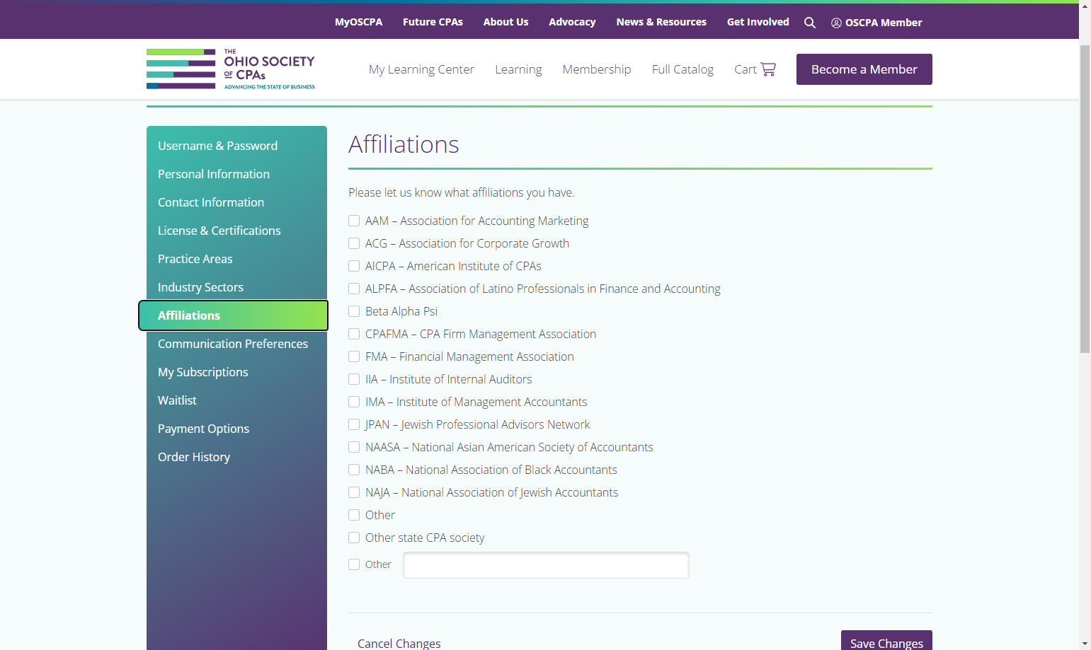 Click on Affiliations to update your affiliation status.