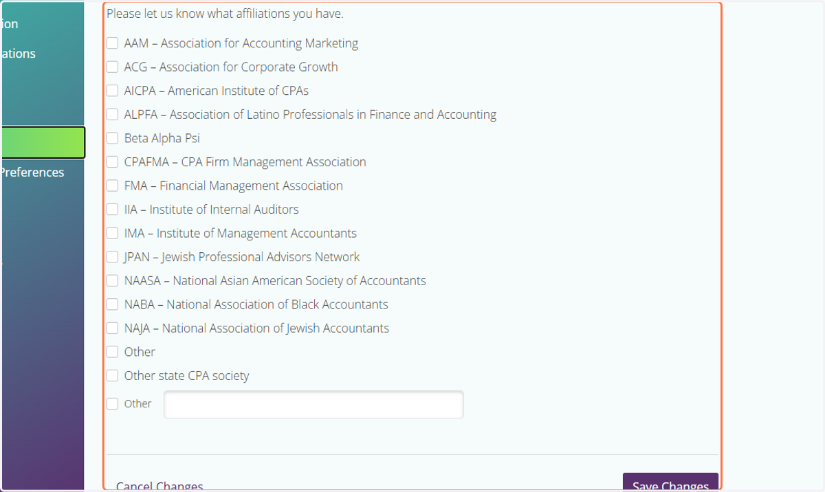 Click on Affiliations to update your affiliation status.