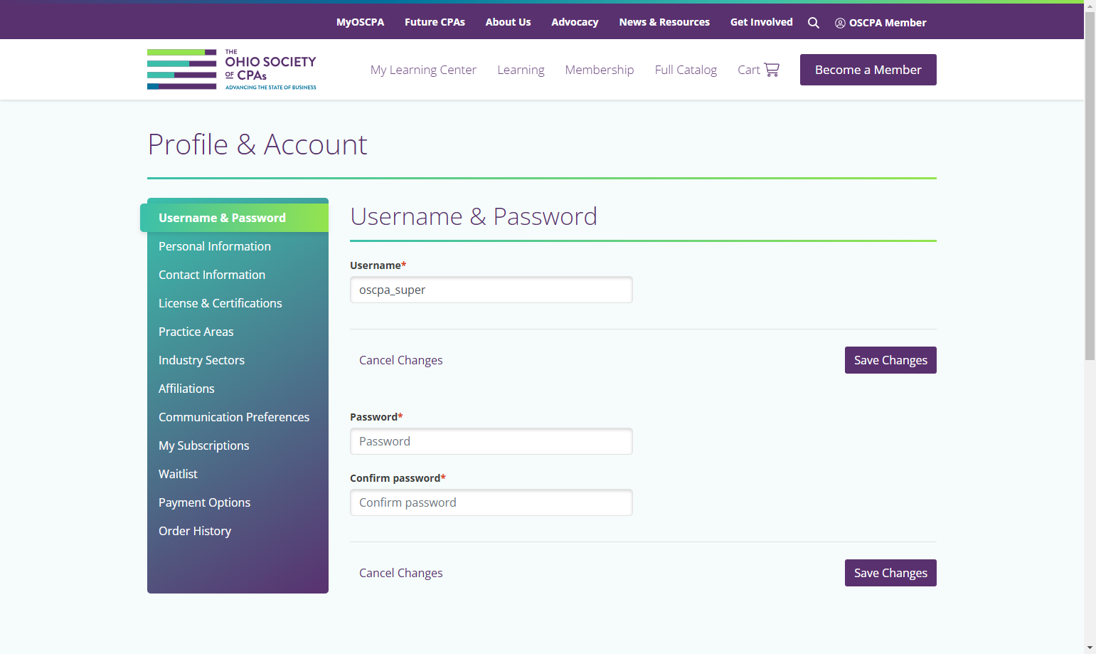 Update your username or password by clicking on Username & Password