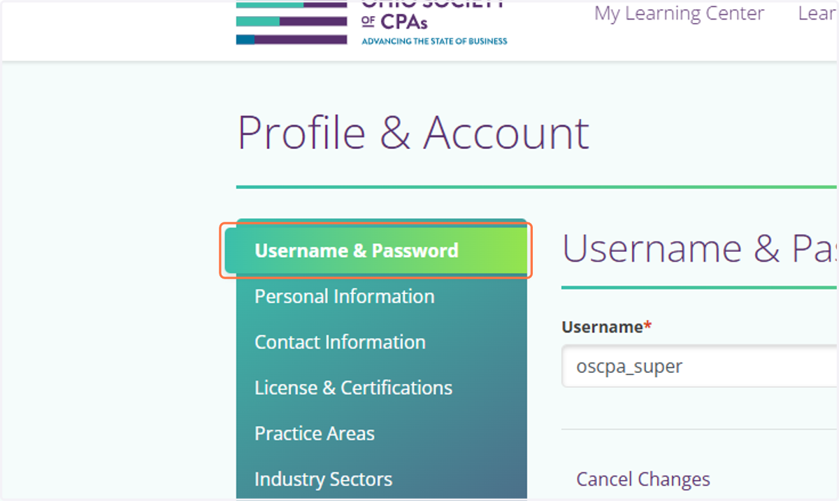 Update your username or password by clicking on Username & Password