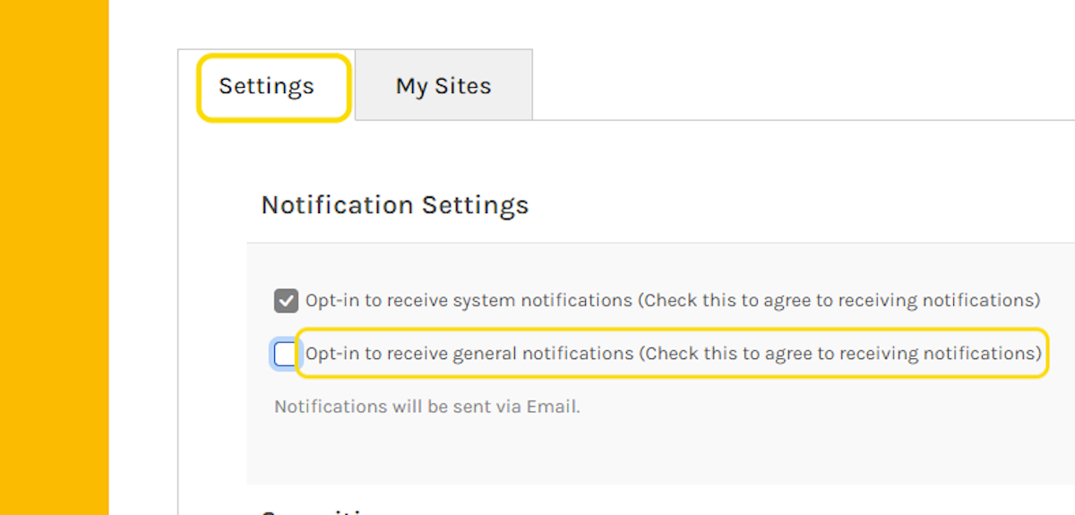 On the Settings Tab click the option to uncheck or check the box to opt in or out of receiving general notifications.