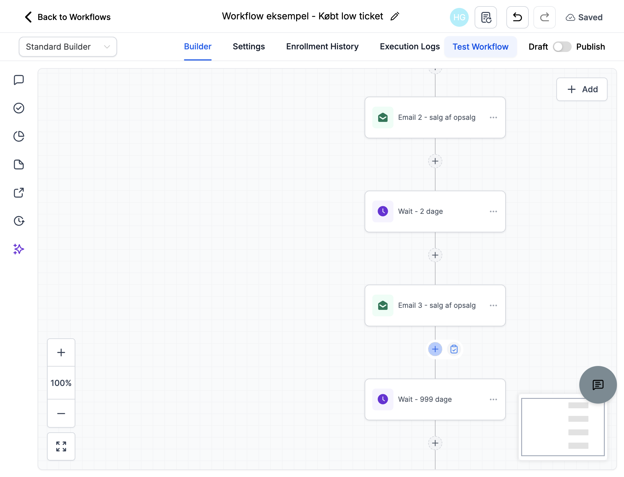 Gå til det sidste aktive workflow, som hører til pipeline og efter sidste mail i workflowet eller sidste handling, klik på "Add Action"
