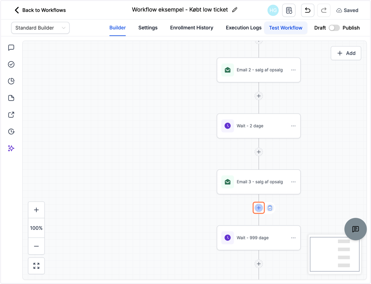 Gå til det sidste aktive workflow, som hører til pipeline og efter sidste mail i workflowet eller sidste handling, klik på "Add Action"