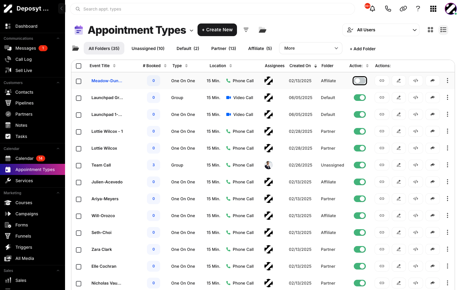 Step 3: In List View, toggle the switch in the Active column on or off to enable or disable that specific appointment type.