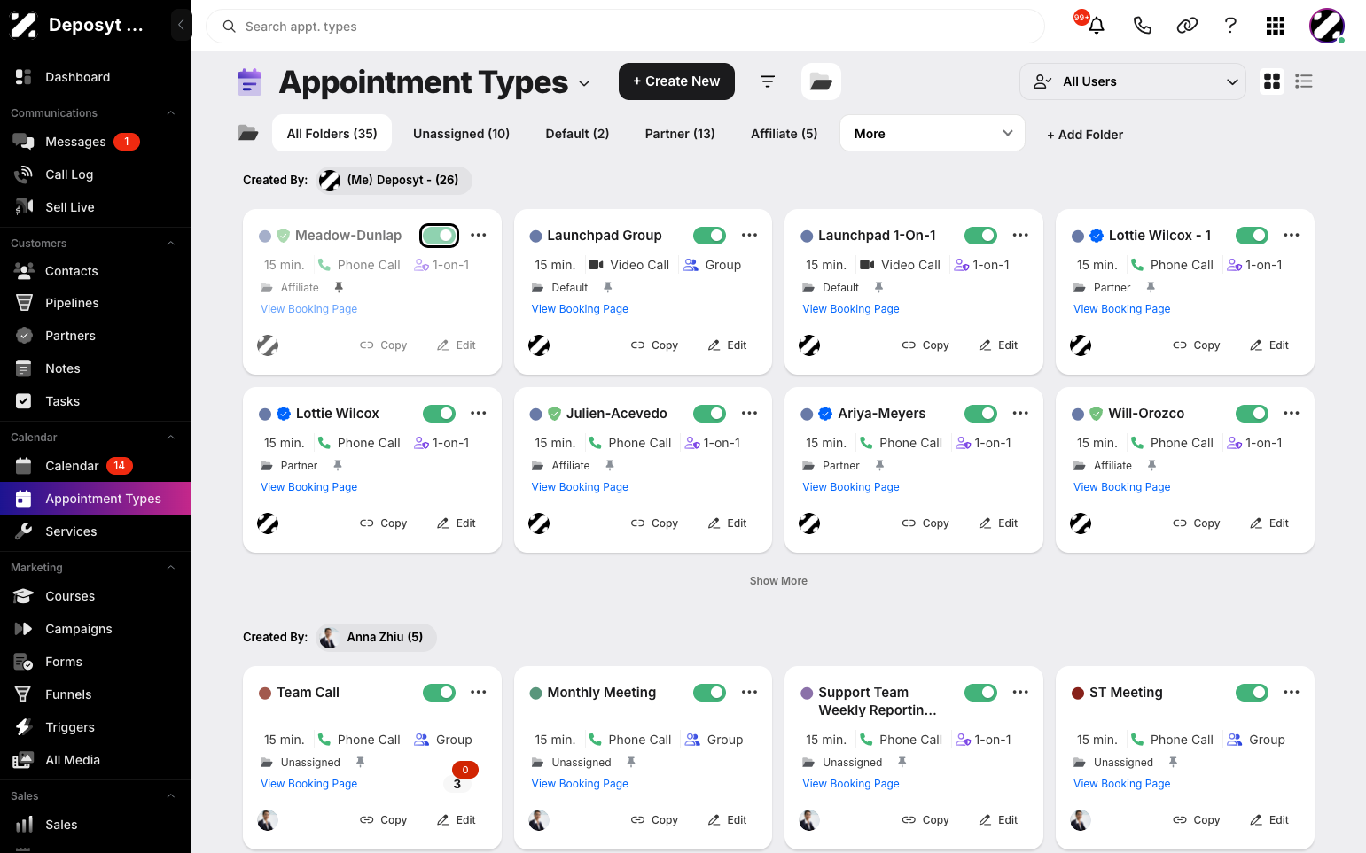 Step 2: In Card View, toggle the switch near the three-dot menu on or off to enable or disable that specific appointment type.