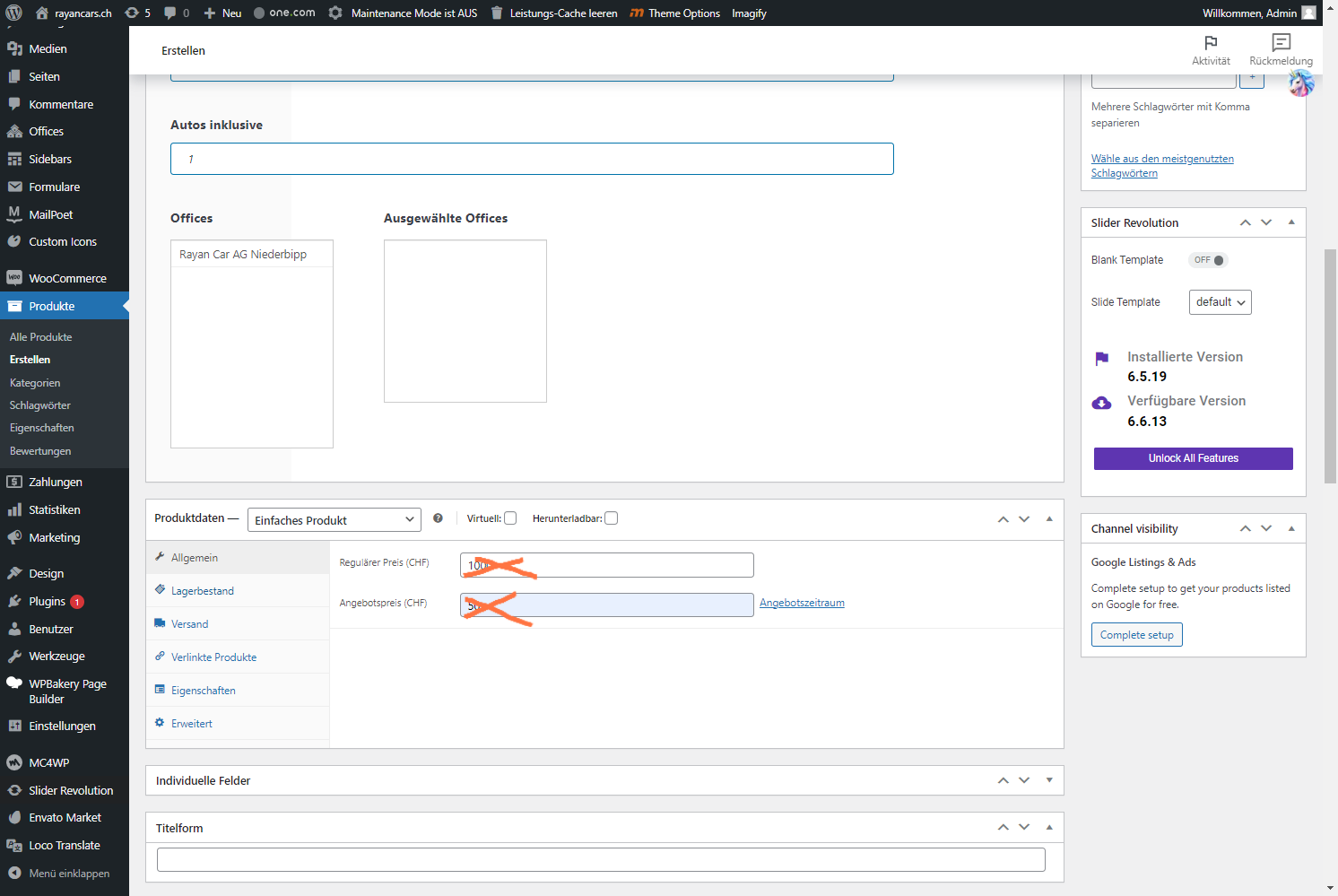 here normally you shouldn't write anything in "Produktdaten" as by default everything should be alright. Anyways click on everything and double check. If y Price is in in "Allgemein", erase it.