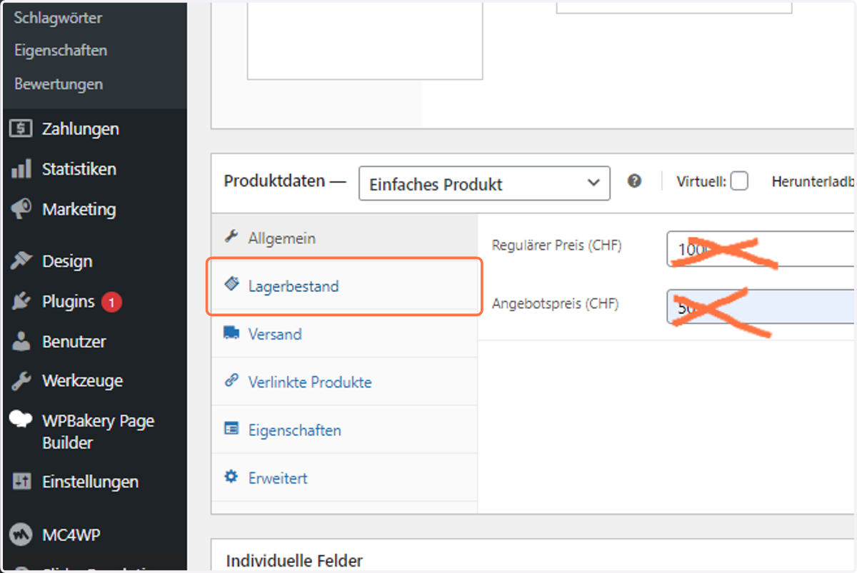 here normally you shouldn't write anything in "Produktdaten" as by default everything should be alright. Anyways click on everything and double check. If y Price is in in "Allgemein", erase it.