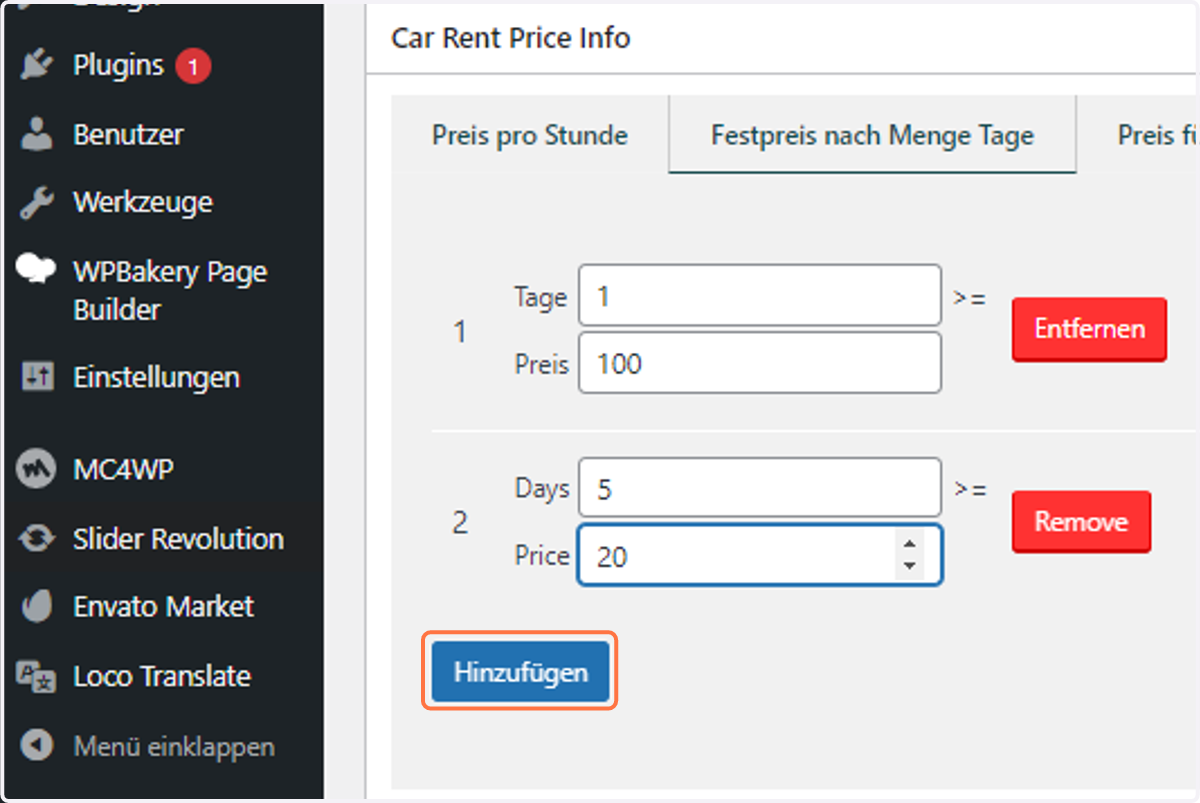 Click on Hinzufügen