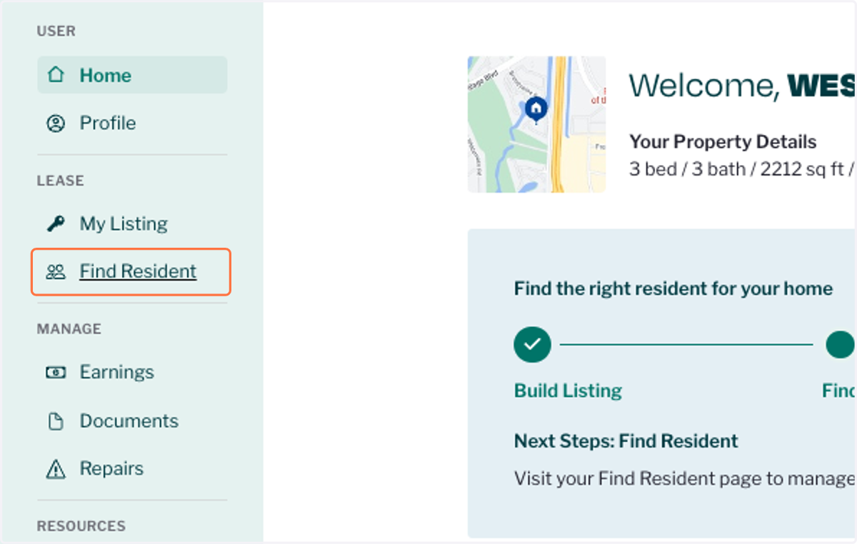 To send a link directly to a prospect's email, click on Find Resident