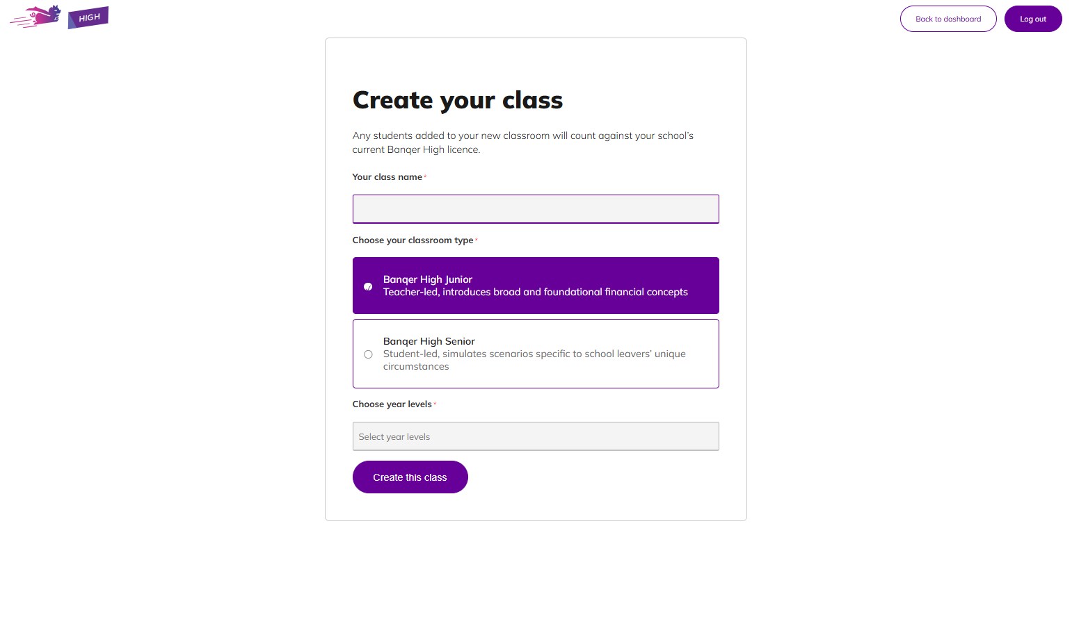 The Create your class screen will appear for you to complete.