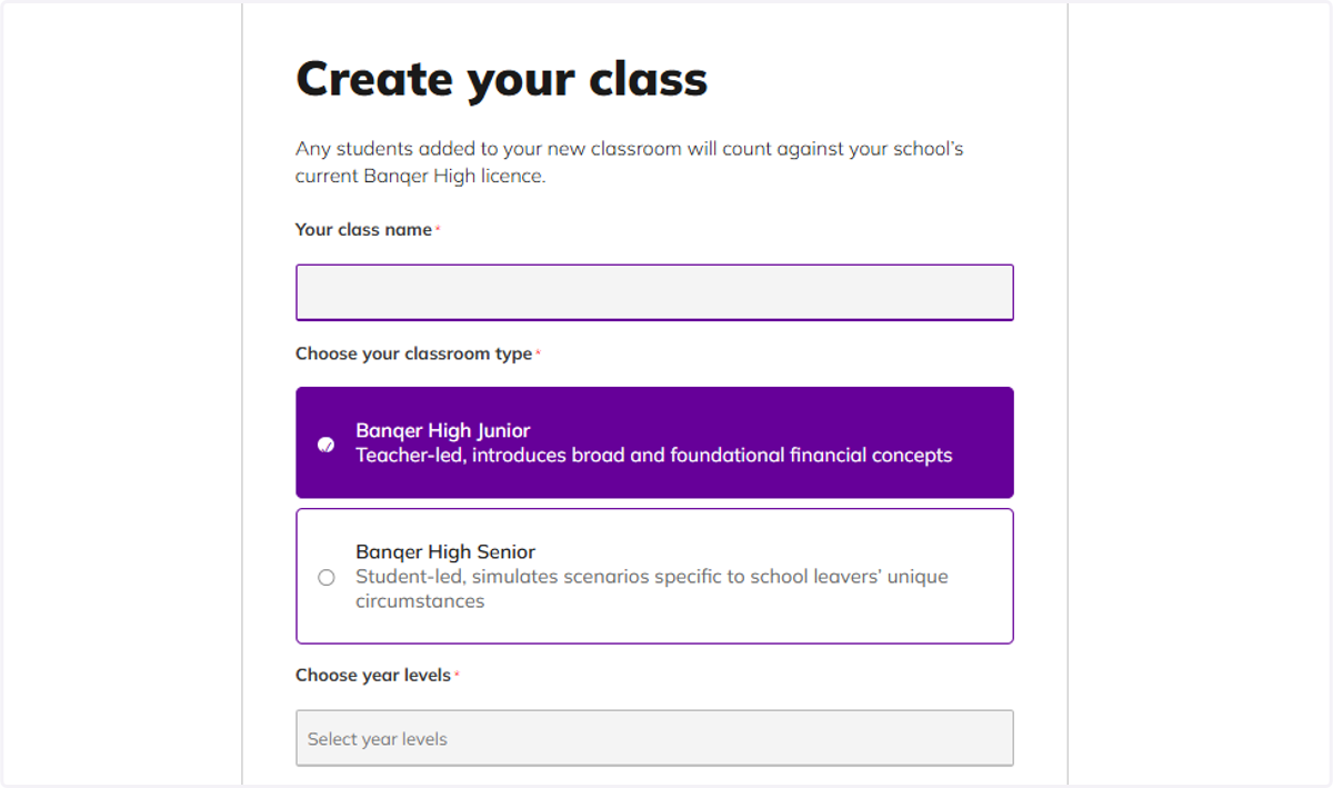 The Create your class screen will appear for you to complete.
