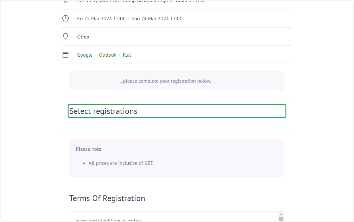 If there are no registration options shown as below, then you will need to upgrade to either a "Local" or "Compete" membership category at the national level