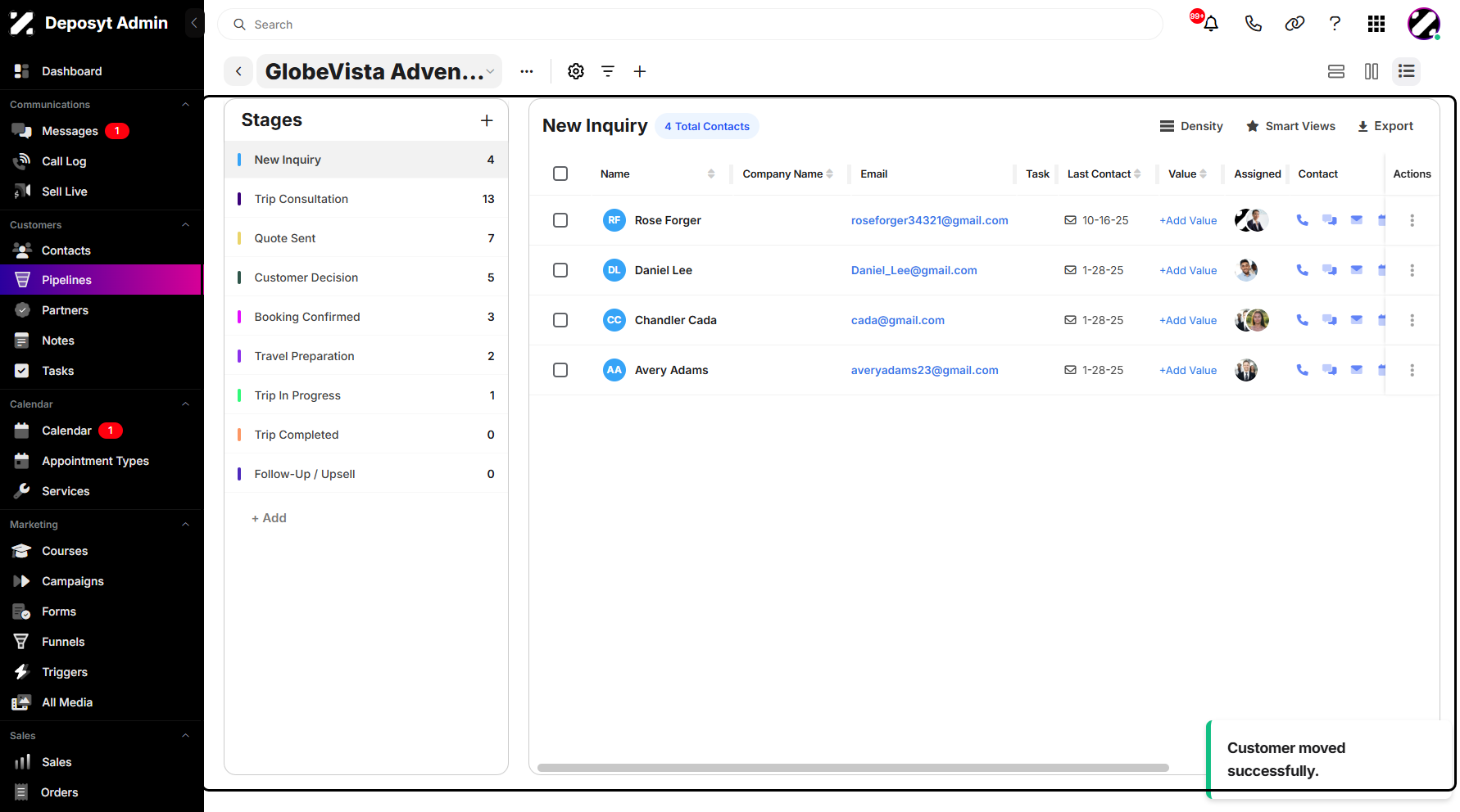 Step 11: Whichever method you use to move your contacts, a notification will appear confirming that the customer was successfully moved.