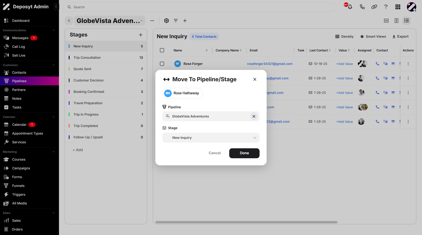 Step 9: Another pop-up window will appear where you can configure the transfer. You can choose a new pipeline or keep the contacts in the current pipeline and move them to a different stage only.