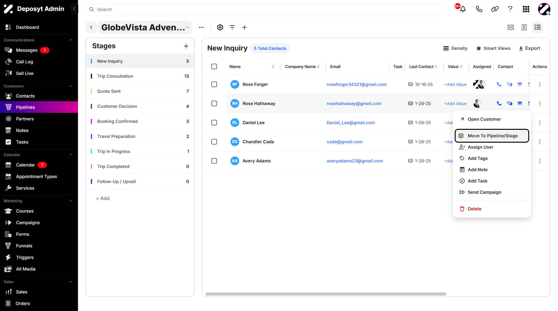 Step 8: A pop-up window will appear, allowing you to select Move to Pipeline/Stage.