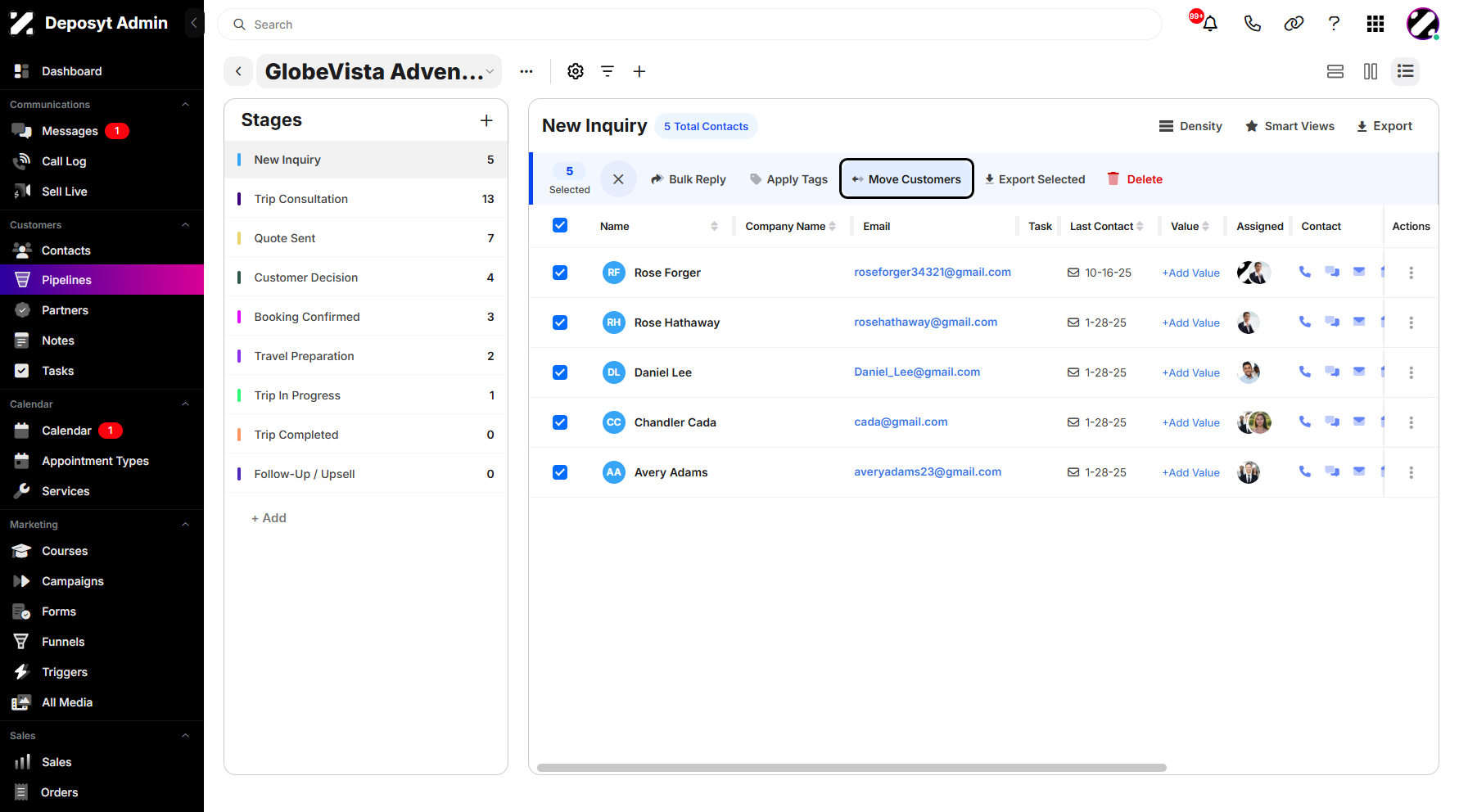 Step 5: The bulk action option will be enabled, allowing you to click Move Customers.