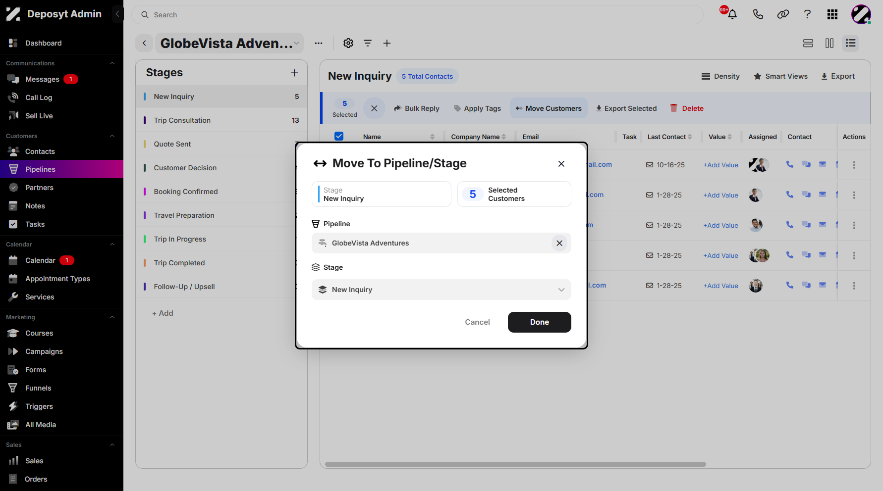 Step 6: Once clicked, a new pop-up window will appear, prompting you to select a pipeline destination or a stage. You can also view the total number of selected contacts at the top right-hand corner. Once you’ve finished configuring, click Done to save your changes.