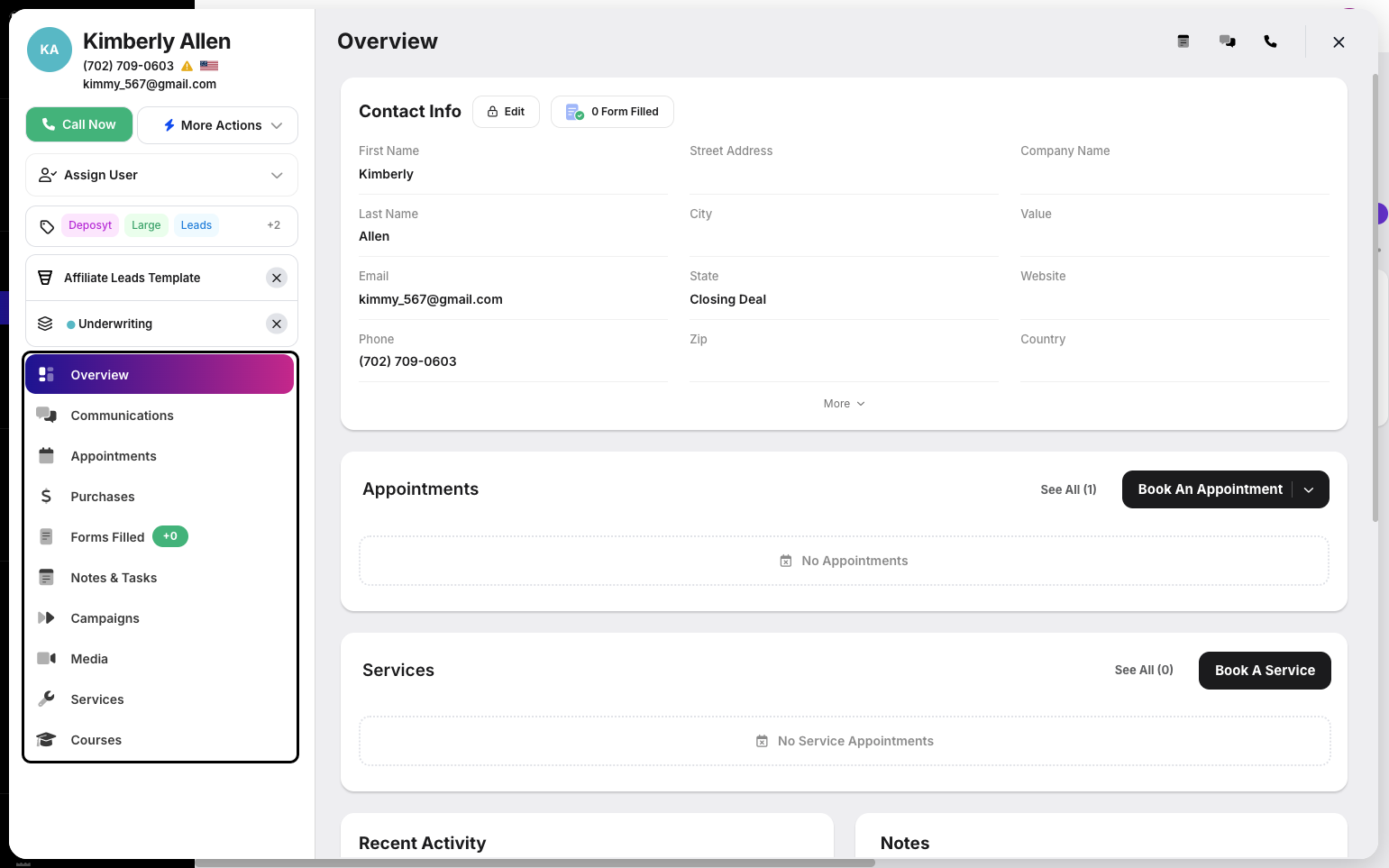 Step 10: You can access the contact’s Overview, Communications, Appointments, Purchases, Forms Filled, Notes & Tasks, Campaigns, Media, Services, and Courses within this modal by clicking the corresponding tabs.