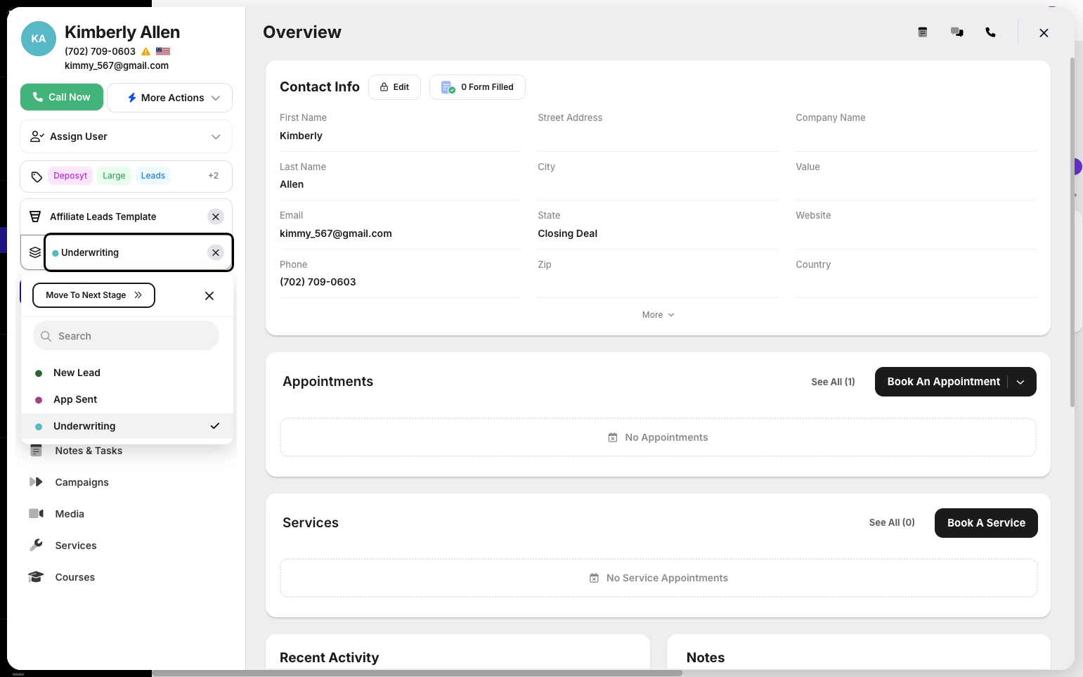 Step 9: You can move the contact to a specific pipeline and stage by searching for the pipeline and selecting the desired stage.