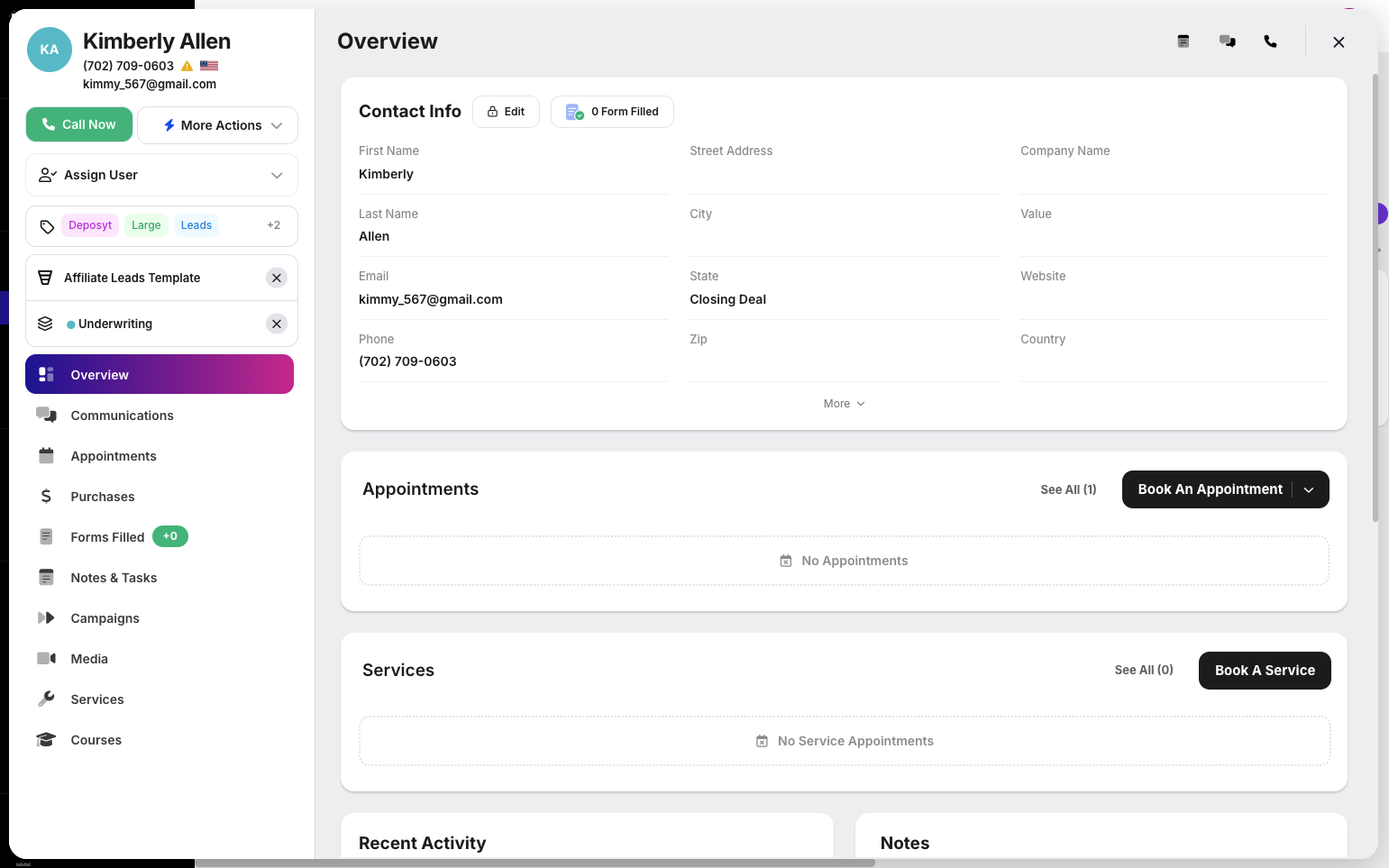 Step 11: On the right side of the modal, you will see additional contact information, including their Overview, Appointments, Services, Recent Activity, Notes, Forms Filled, and Purchases.