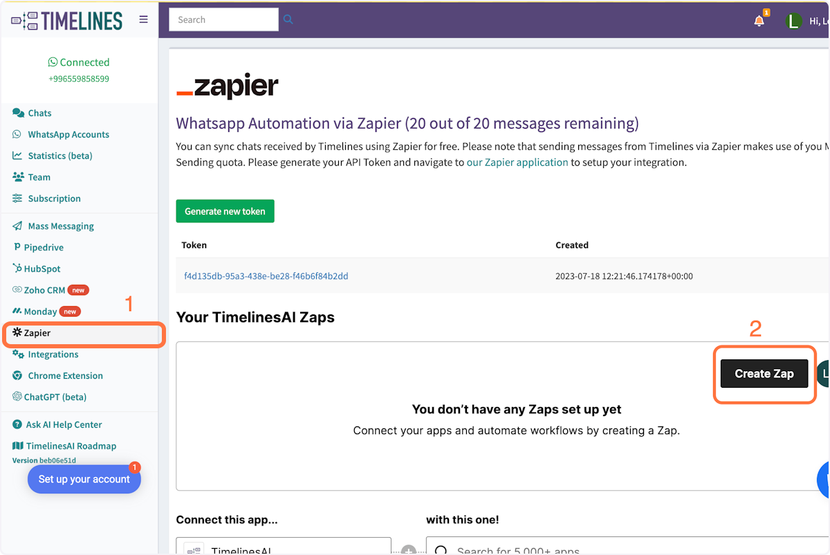 Click on Zapier within your TimelinesAI dashboard.