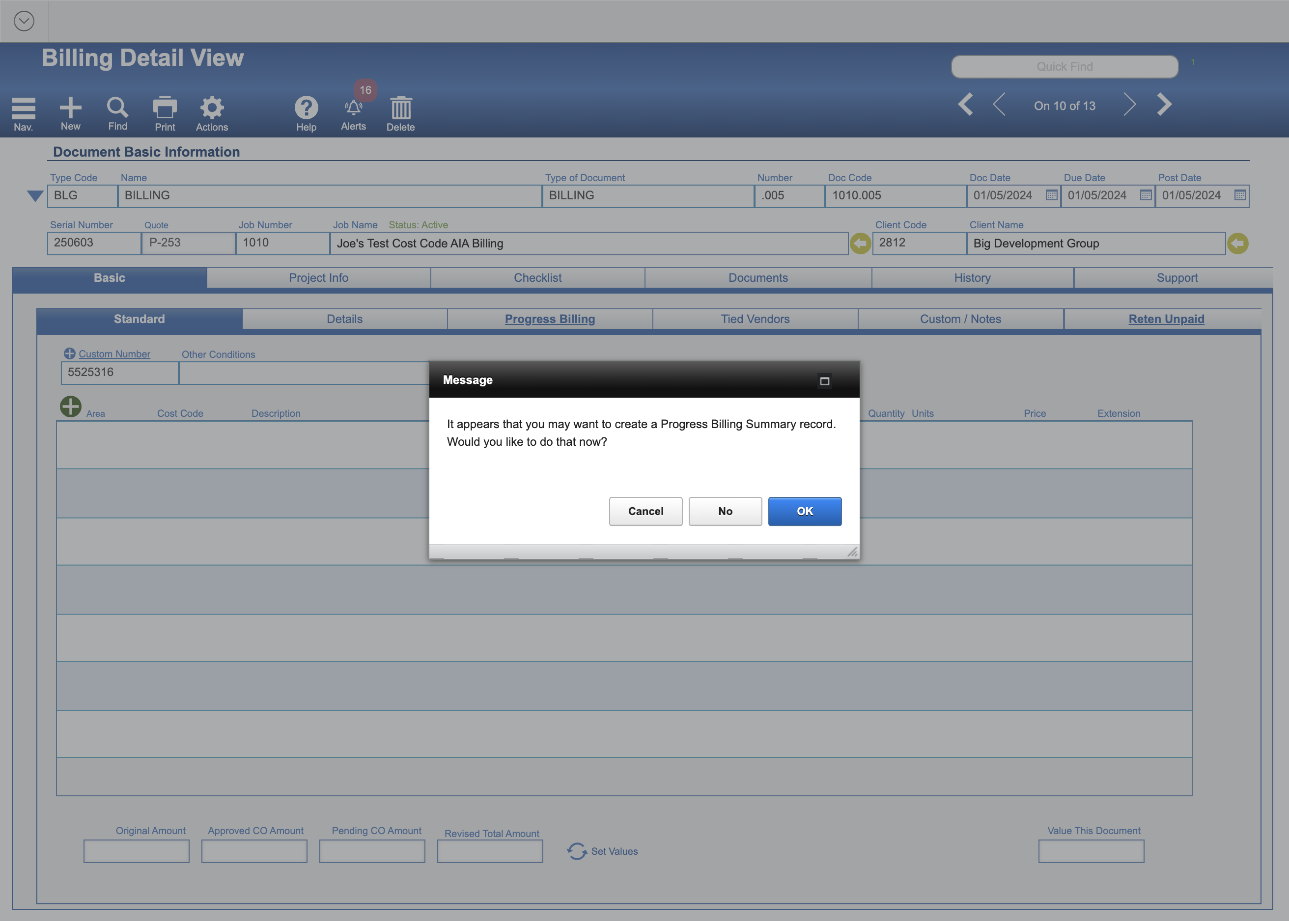 Click on OK to create the Progress Billing Summary record.