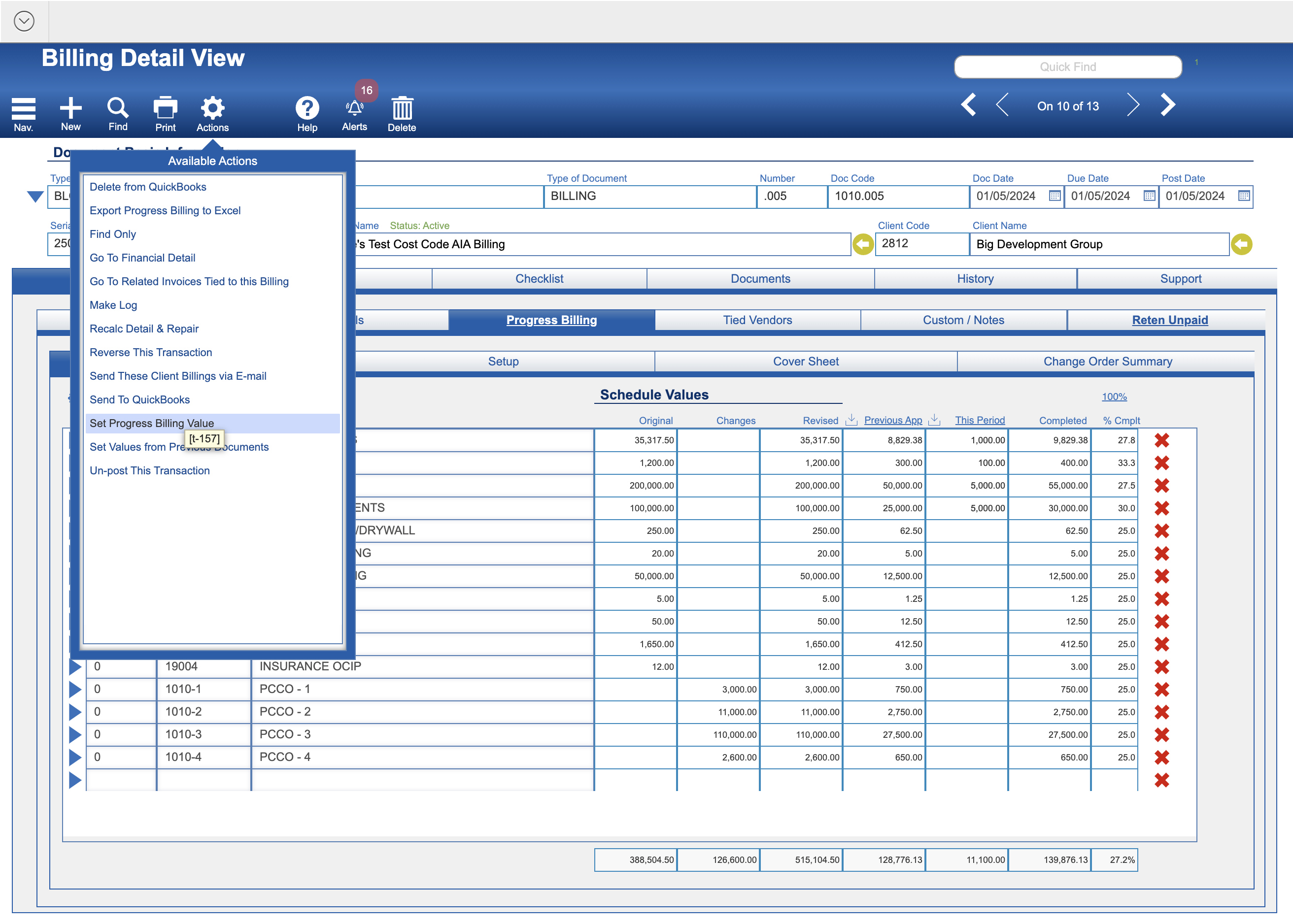 Select Set Progress Billing Value