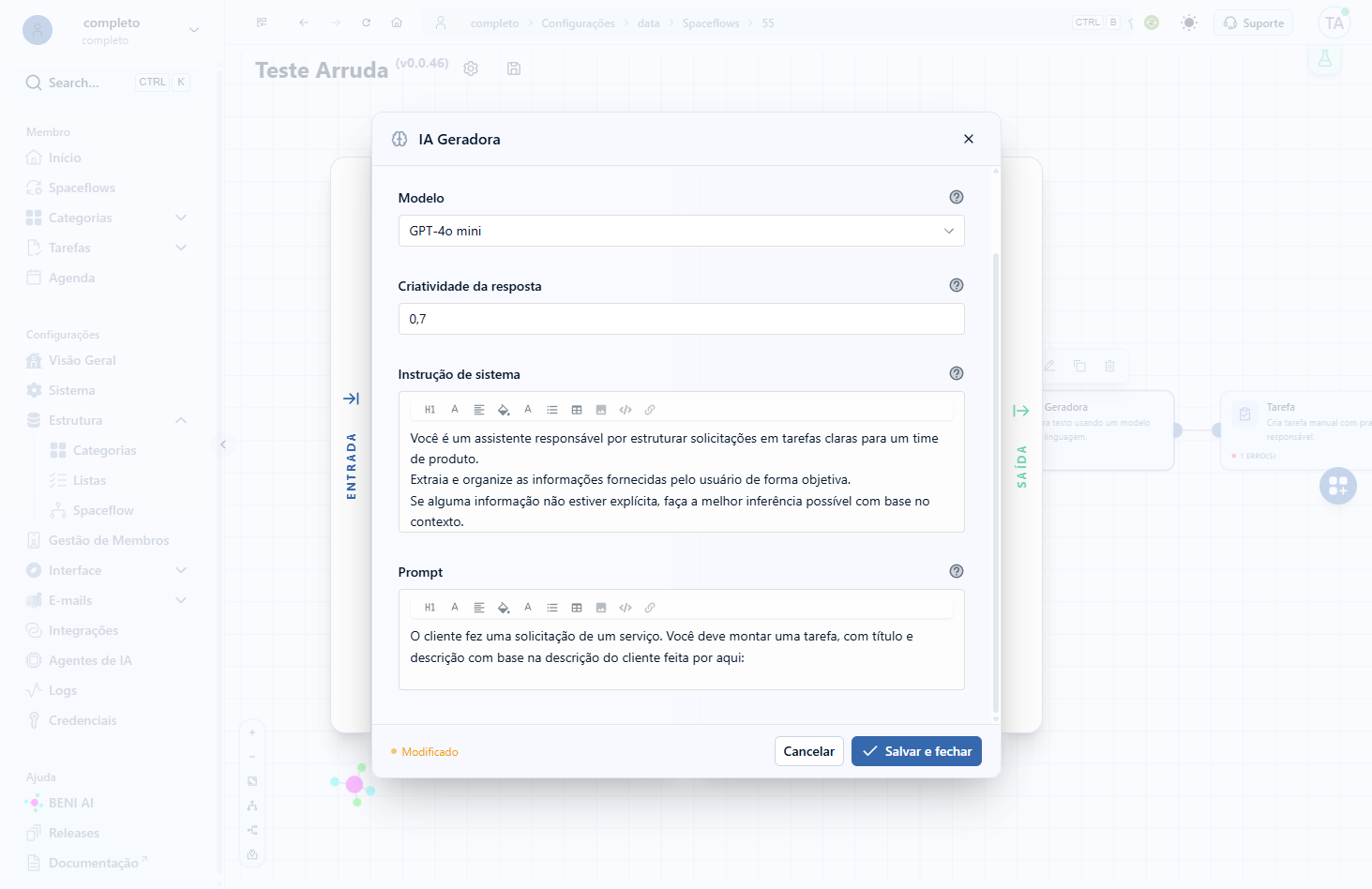 Para adicionar variáveis ao seu prompt, personalizando ainda mais seu contexto, clique na aba Entrada