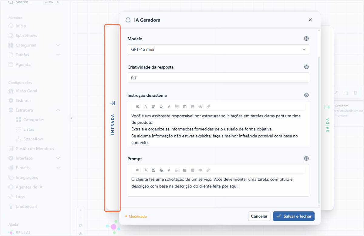 Para adicionar variáveis ao seu prompt, personalizando ainda mais seu contexto, clique na aba Entrada