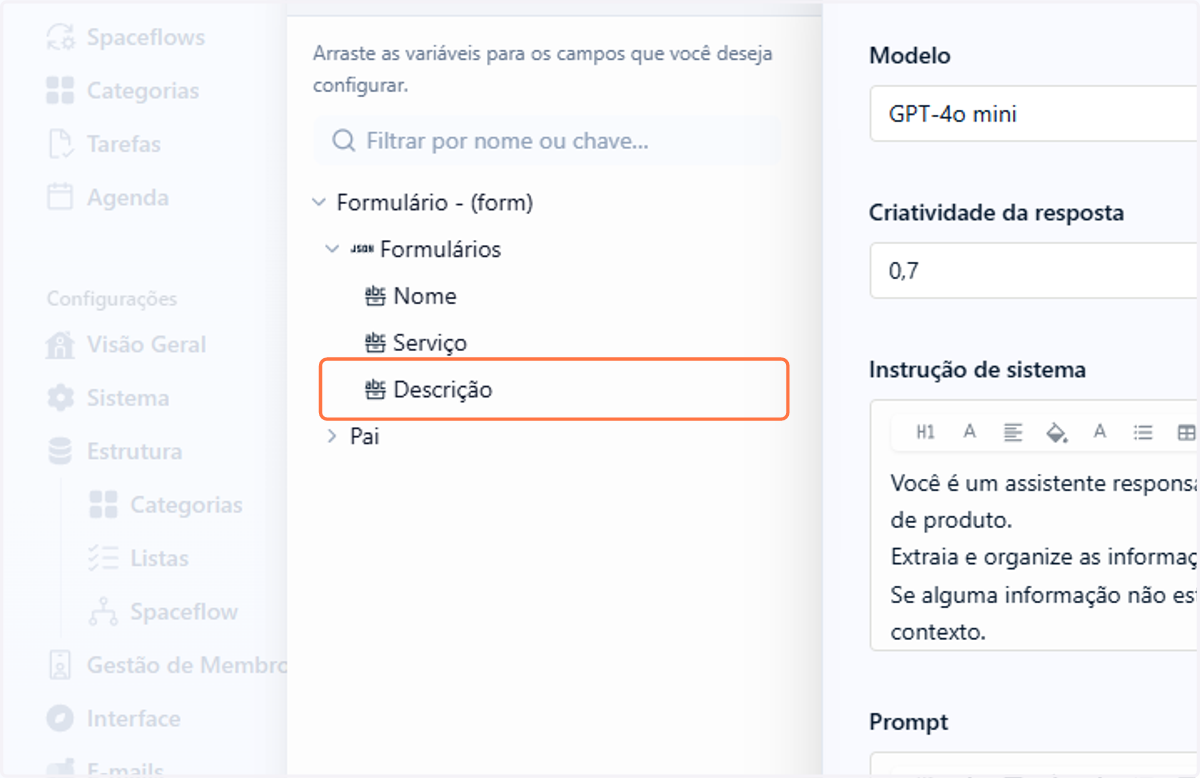 Para inserir a variável escolhida, basta clicar e arrastá-la diretamente para o campo de texto