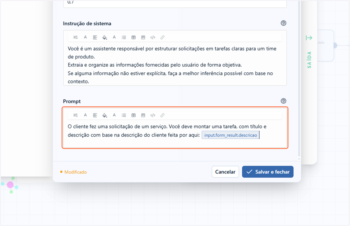 Quando a variável aparecer dentro de uma caixa com o nome correspondente, significa que ela foi integrada corretamente ao conteúdo