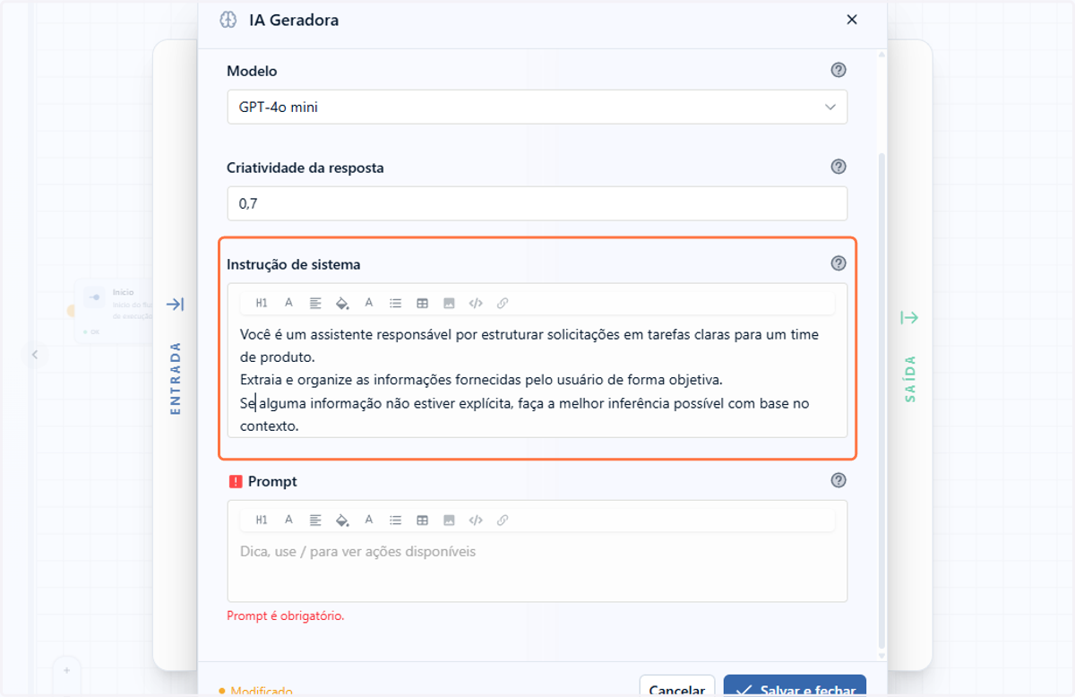 No campo instrução para o sistema, você pode inserir diretrizes de contexto para guiar o comportamento da IA no processamento da sua tarefa