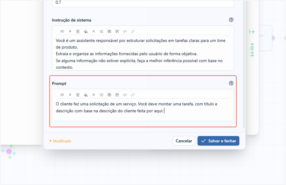 No campo Prompt, digite o comando direto para a tarefa que a IA deve executar