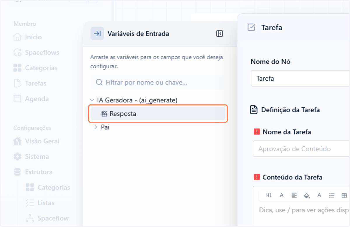 Localize a variável Resposta, correspondente ao nó de IA Geradora