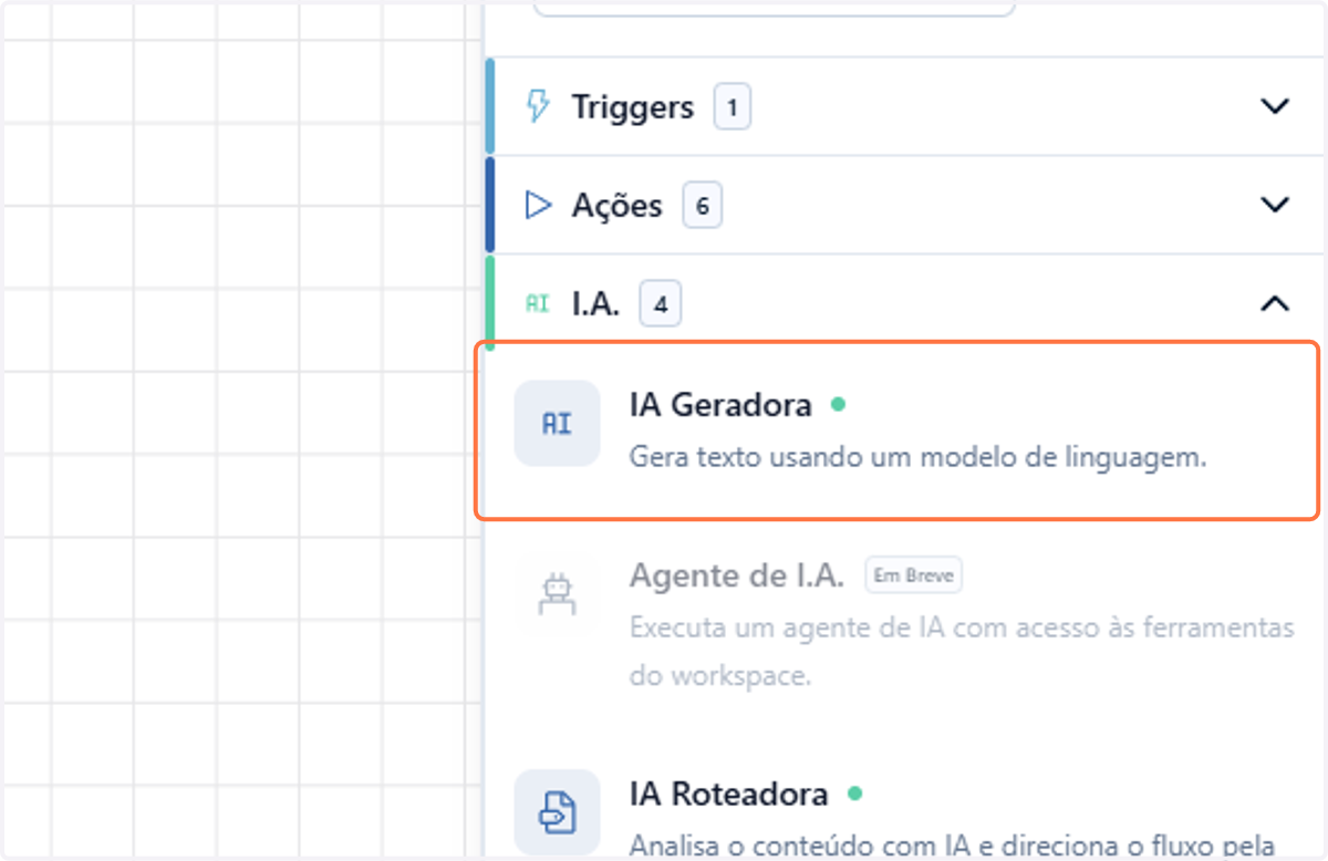 Arraste o nó IA Geradora para o seu canvas