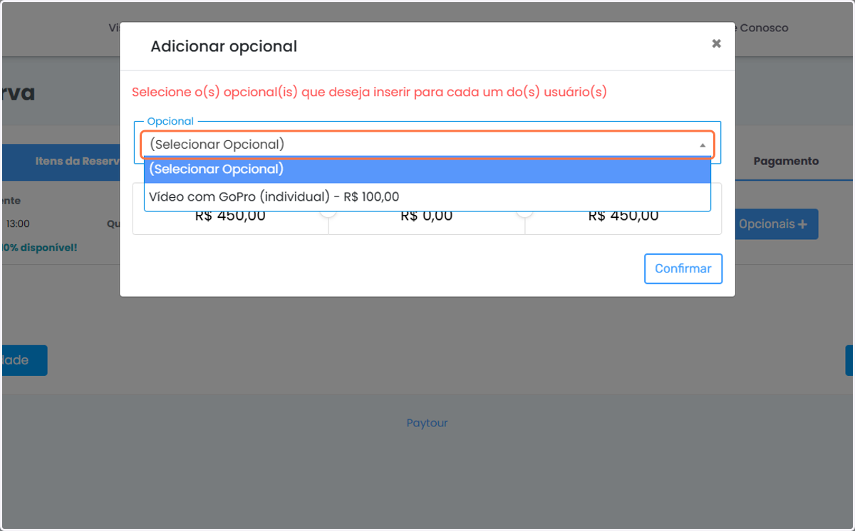 Clique Selecionar Opcional