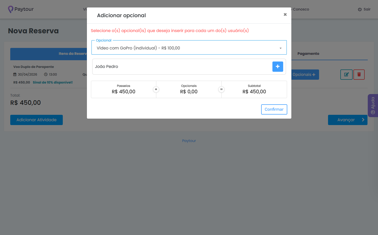 Atribua o opcional ao cliente que desejar